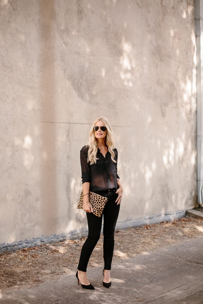 Stylish Outfit with Clare V Clutch and Leather Pants