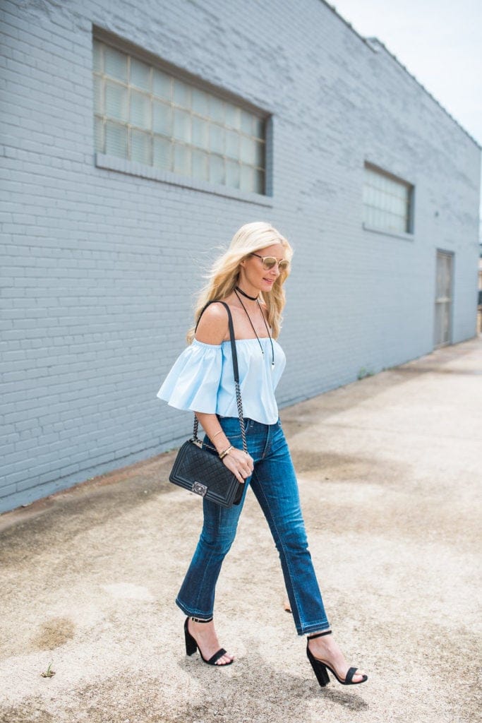 Blue Off the Shoulder Top, Dallas Fashion Blogger, Chanel Boybag