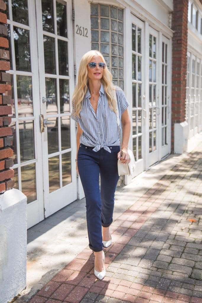 Striped Button Down, Dallas Fashion Blogger, Dark Skinny Jeans