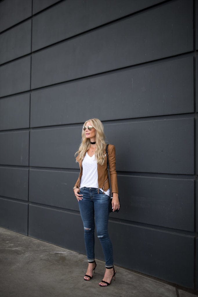 AG ripped jeans, Camel Moto Jacket, Heather Anderson