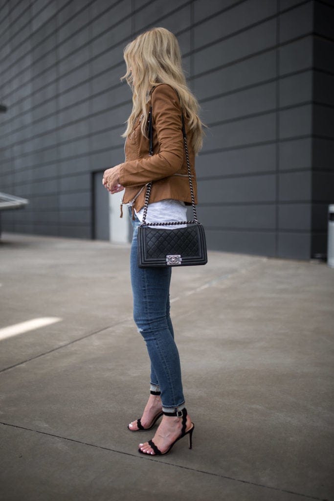 Chanel Boybag, Camel Leather Jacket, AG Jeans
