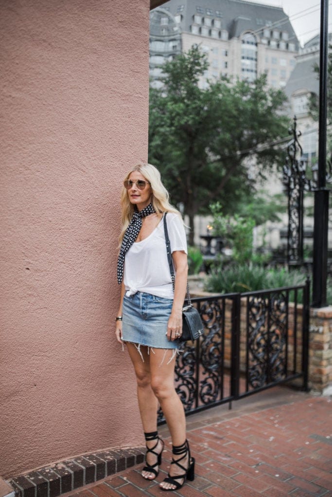 Denim skirt, White tee shirt, Dallas Fashion Blogger