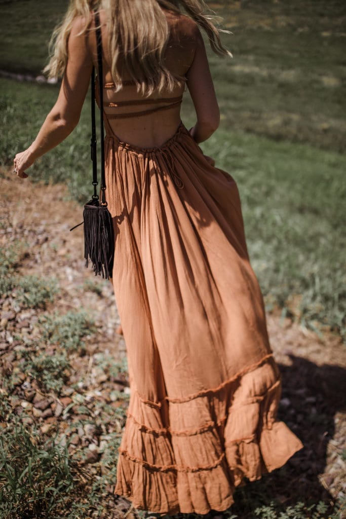 Free People Maxi Dress, Dallas Style Blogger, Black Fringe Handbag