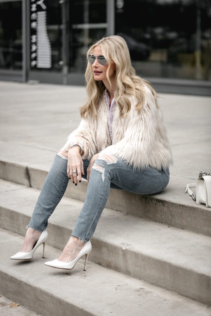 Lace Top with Faux Fur Jacket and Mother Denim Ripped Jeans