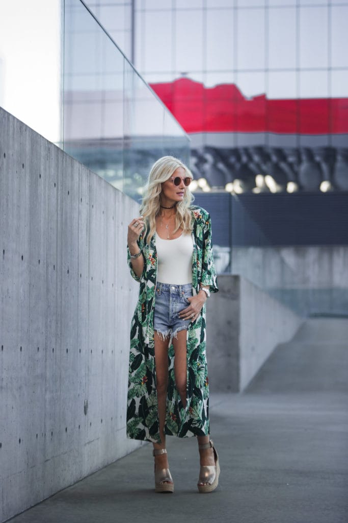 Denim cut offs styled with rachel zoe's printed duster