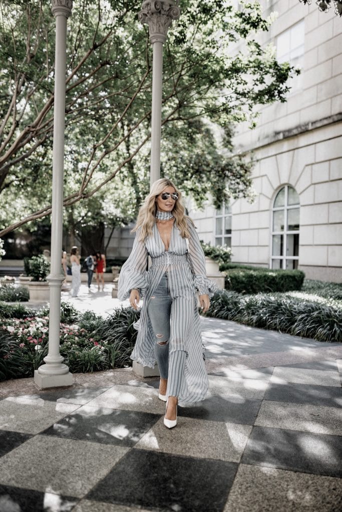 Heather Anderson wearing striped maxi dress 