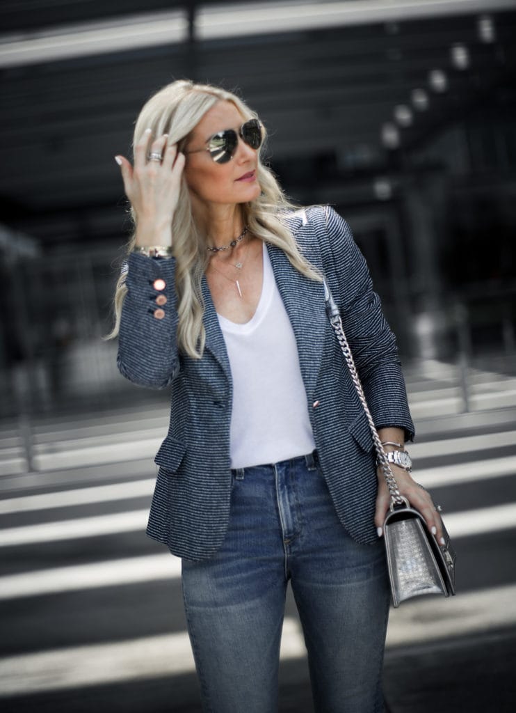 Dallas Style blogger wearing a Madewell white tee and fitted Ivanka Trump blazer 