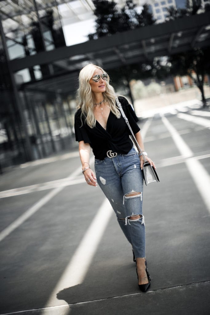 Dallas Style Blogger wearing ripped jeans and Dior Heels 