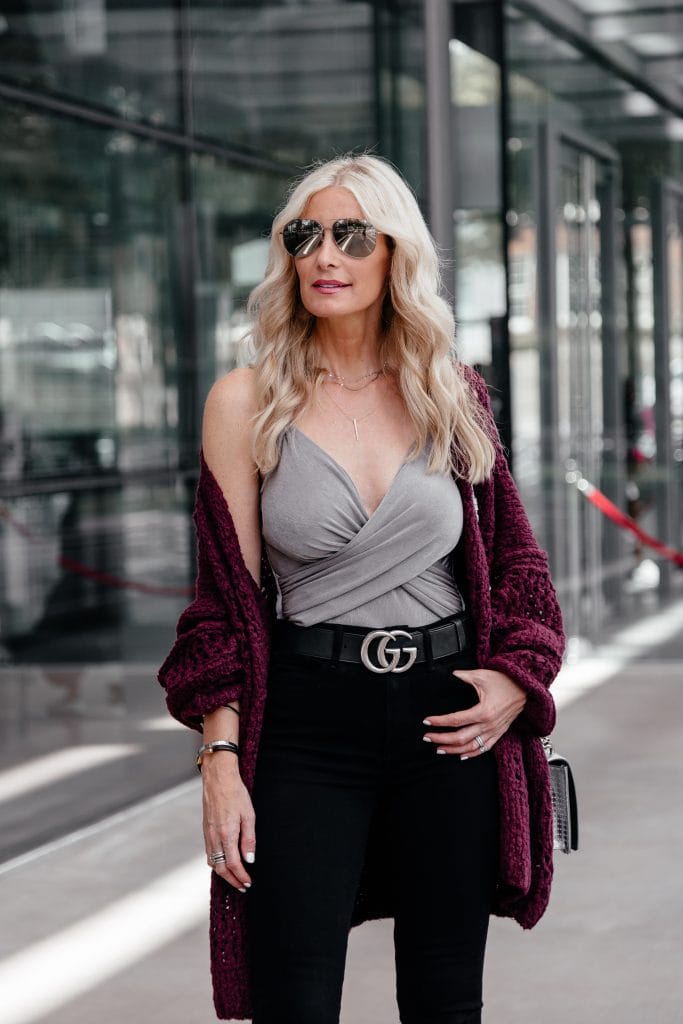 Dallas style blogger wearing bodysuit and cardigan 
