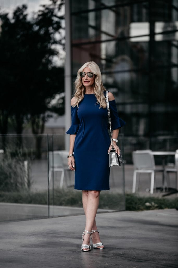 Dallas style blogger wearing cold shoulder dress and Veronica Beard heels 