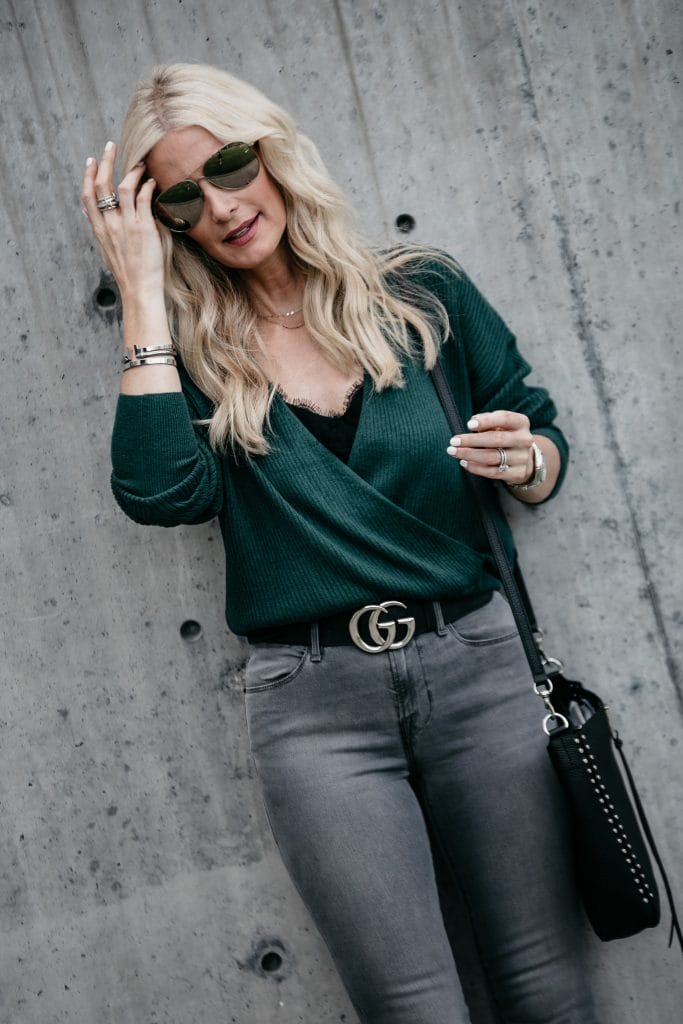 Wrap sweater, Gucci Belt, and Gray Skinny Jeans 
