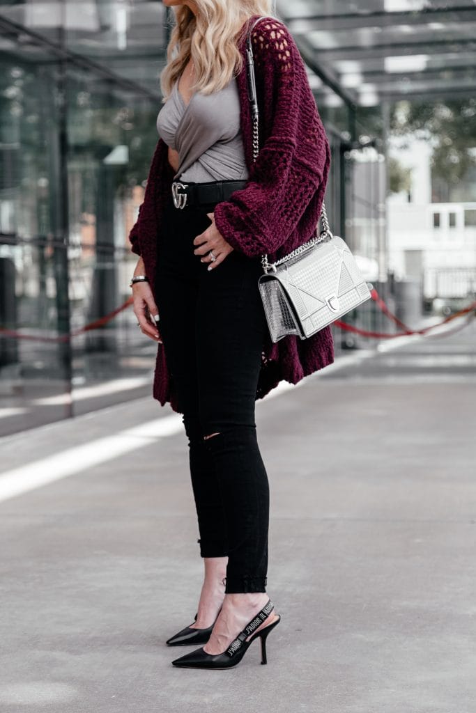 Black jeans, Gucci Belt, and Dior heels and handbag 