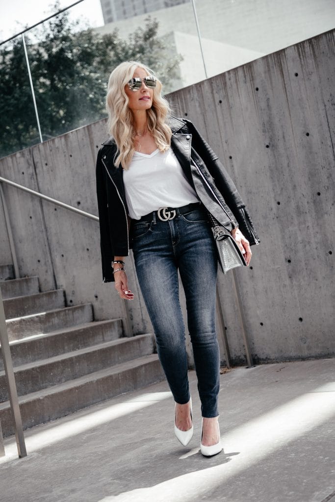 Dallas blonde girl wearing Good American Jeans and Blanknyc leather jacket 
