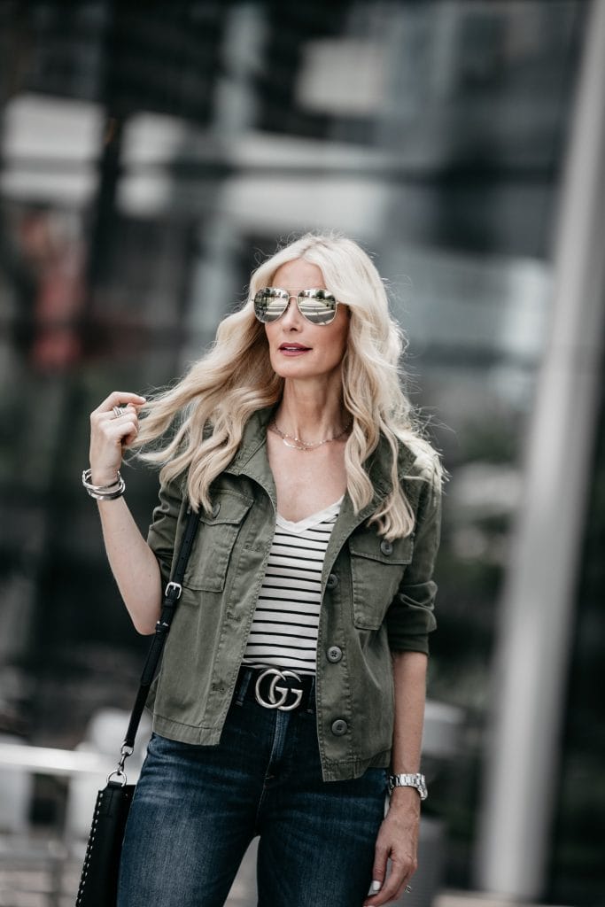 Madewell army jacket and striped tee 
