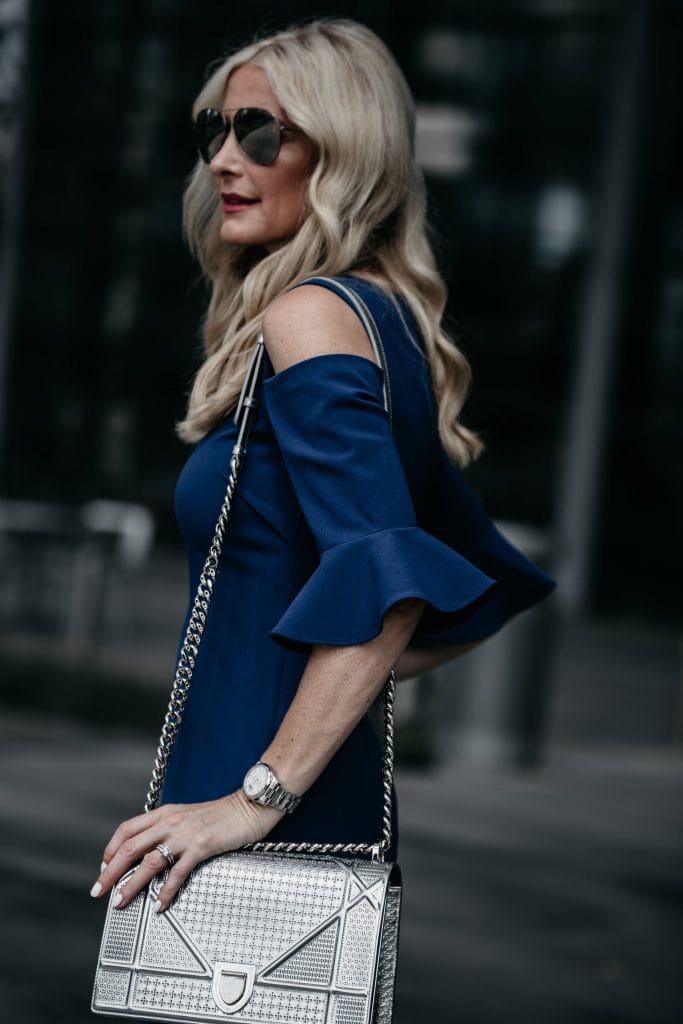 Dior handbag and cold shoulder dress 
