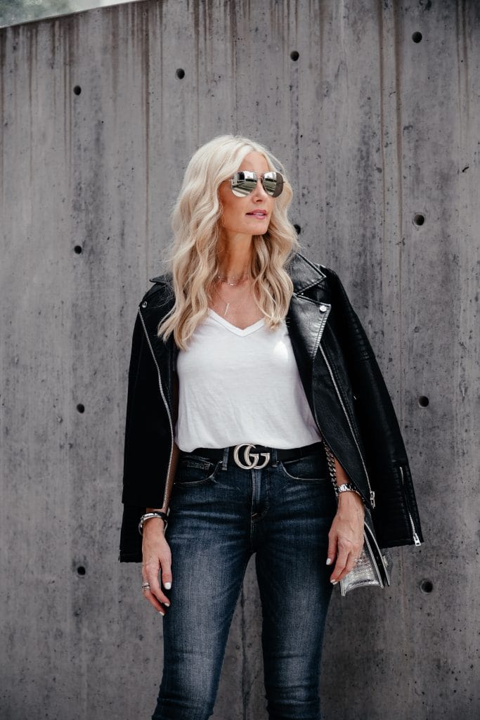Dallas style blogger wearing white tee and leather jacket 