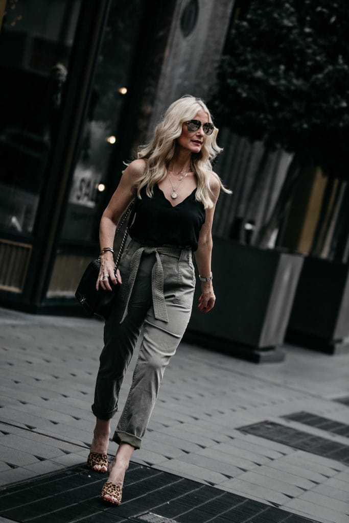 Dallas fashion blogger wearing army pants and black cami 