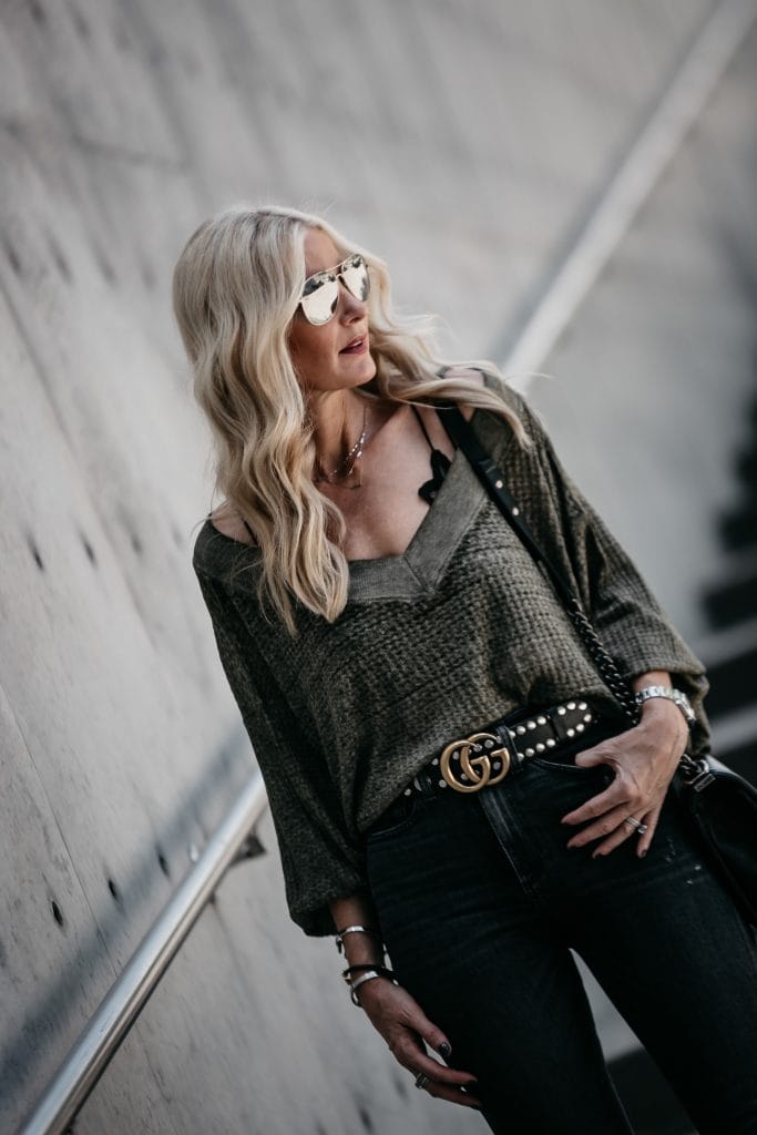 Dallas fashion blogger wearing a studded Gucci belt 