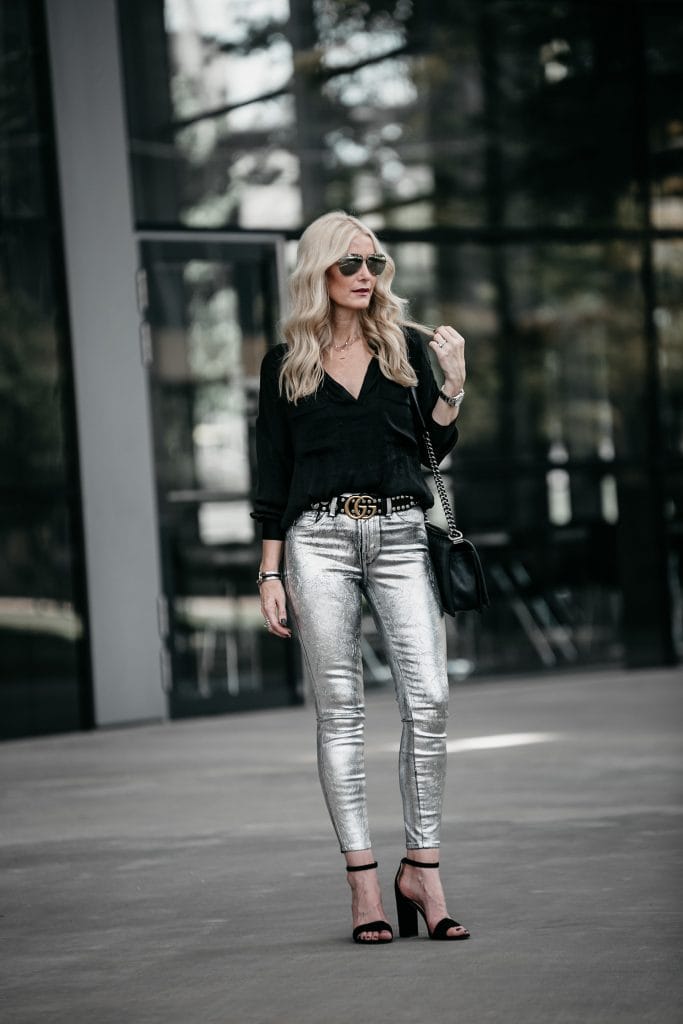 Dallas blonde girl wearing metallic jeans 