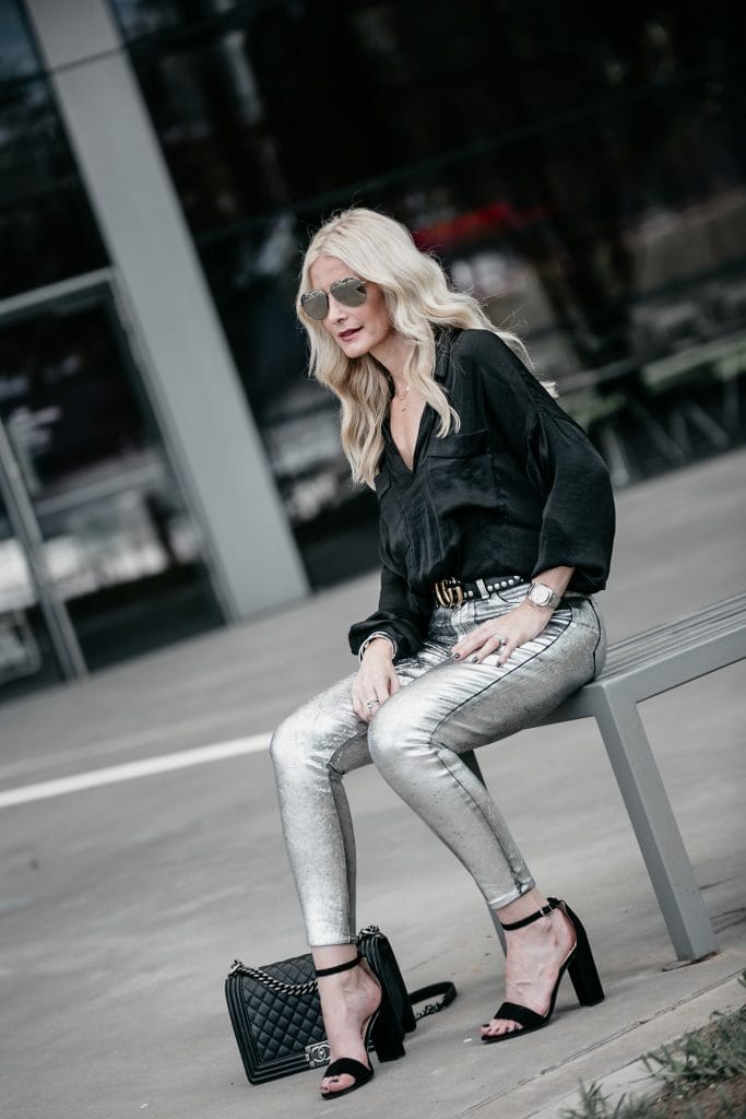 Dallas fashion blogger wearing L'agence silver jeans 