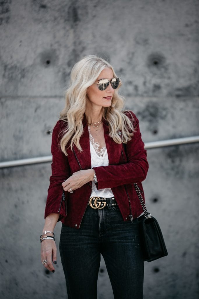 Red Moto Jacket and Gucci belt 