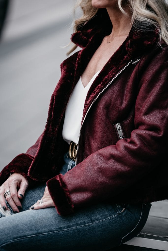 Dallas blogger wearing shearling moto jacket 