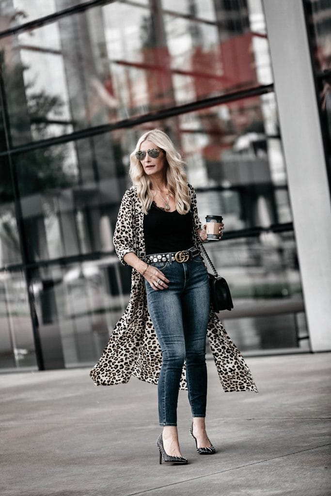 Leopard Duster, Gucci Belt, and NYDJ