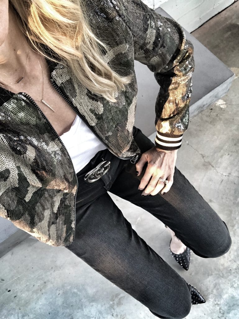 Camo sequin bomber jacket and Gucci belt 