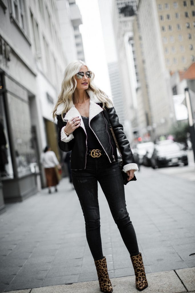 Leopard booties Moussy jeans and Blanknyc Shearling moto jacket 