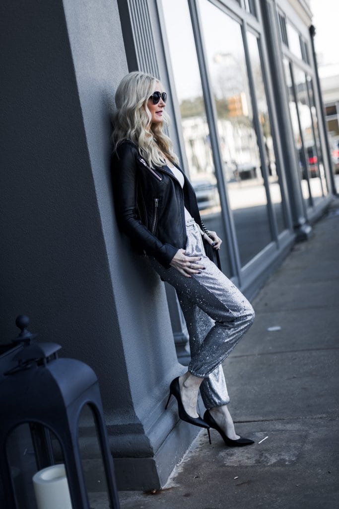 Dallas style blogger wearing sequin joggers 