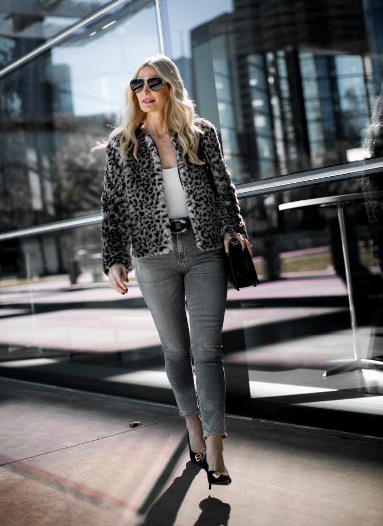 Leopard teddy coat, gray skinny jeans, and Balenciaga heels 