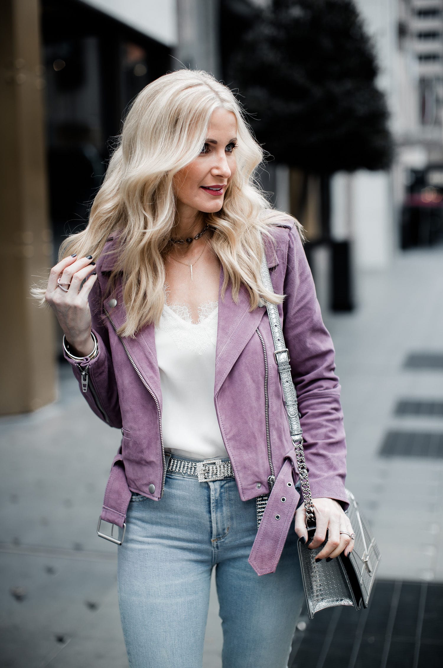 Dallas style blogger wearing Caminyc top and Blanknyc moto jacket 
