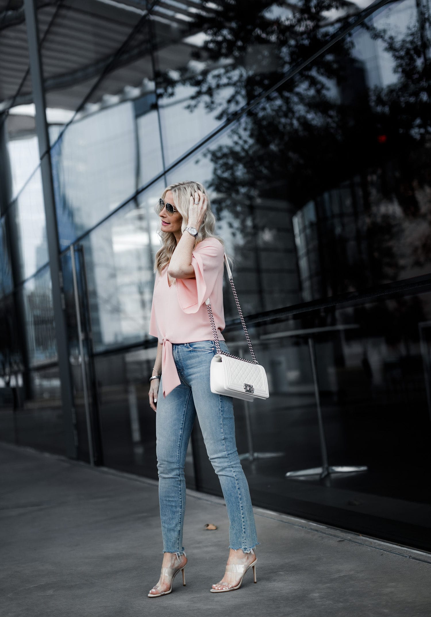 White Chanel Boy Bag and Mother denim skinny jeans 