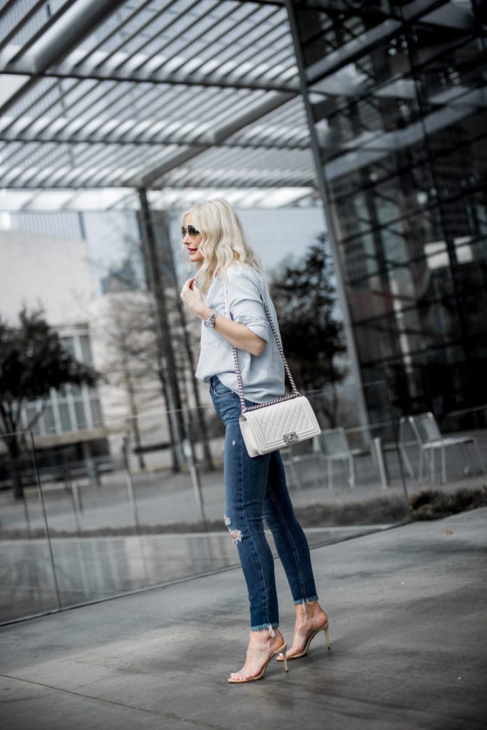 White Chanel Boy Bag, Paige Ripped jeans, and Schutz nude heels 