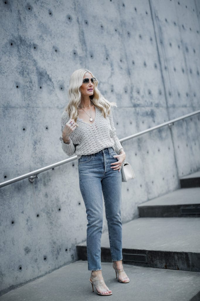 Spring Shoes - Dallas blogger wearing Free People sweater, Citizens of Humanity jeans, and transparent heels by Schutz
