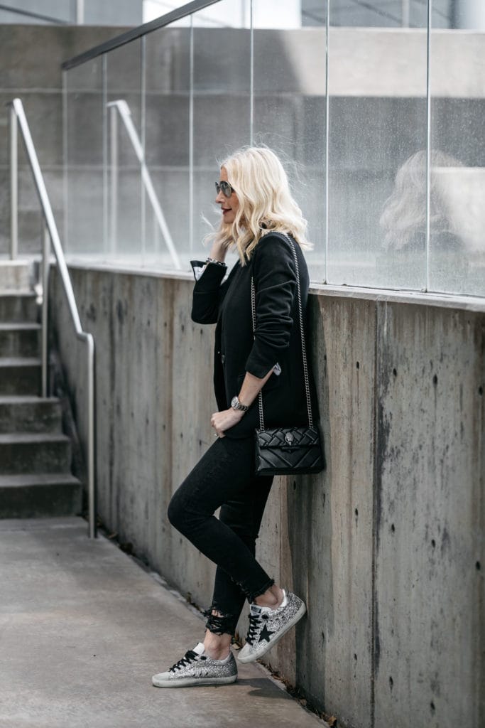 Dallas style influencer wearing Golden Goose sneakers 