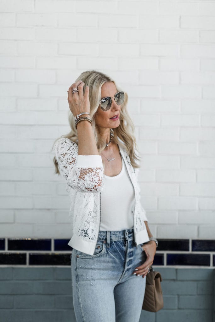 Dallas fashion blogger wearing Trave Denim and lace bomber jacket 