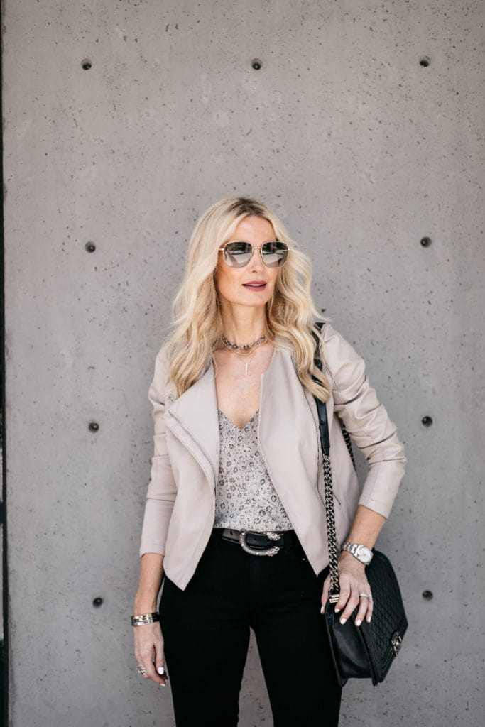 Dallas blogger wearing a faux leather jacket 
