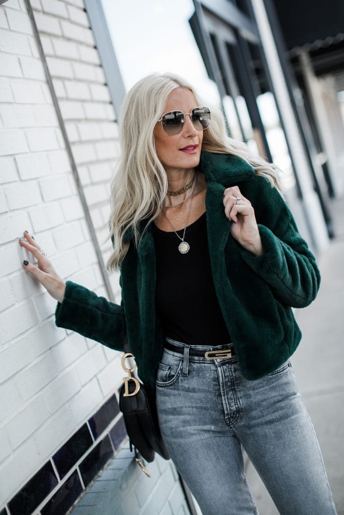 Dallas blogger wearing Gucci belt and faux fur jacket by Blanknyc