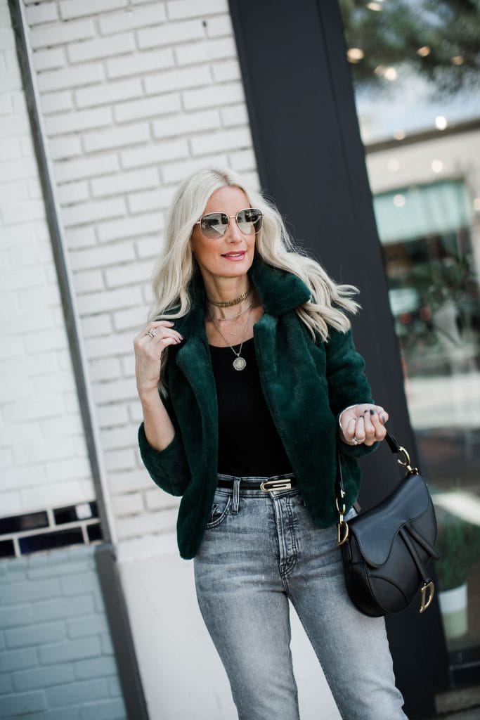 Dallas fashion blogger wearing a Blanknyc faux fur jacket 