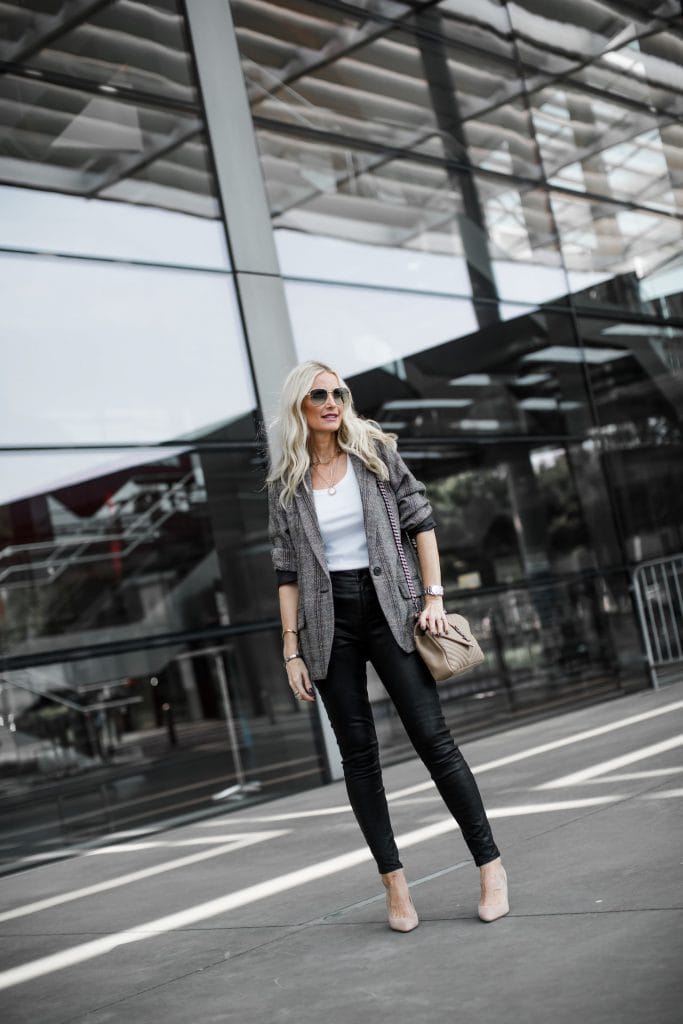 Dallas blogger wearing leather pants and an Isabel Marant Blazer 