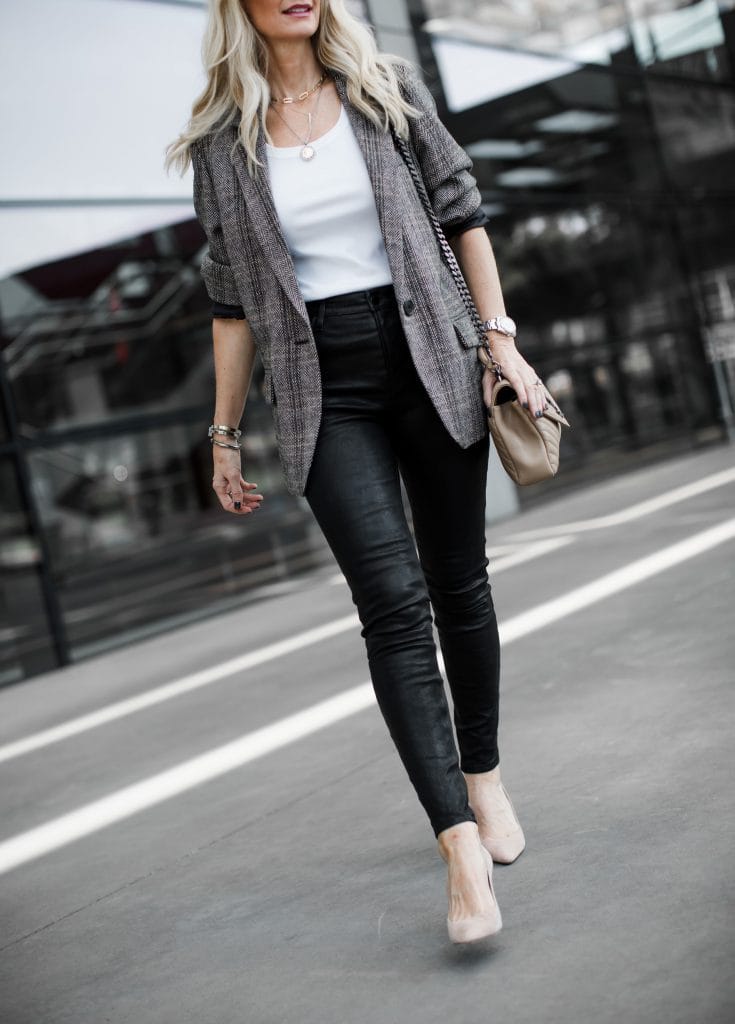 Dallas fashion blogger wearing J Brand leather pants and Jimmy Choo pumps 