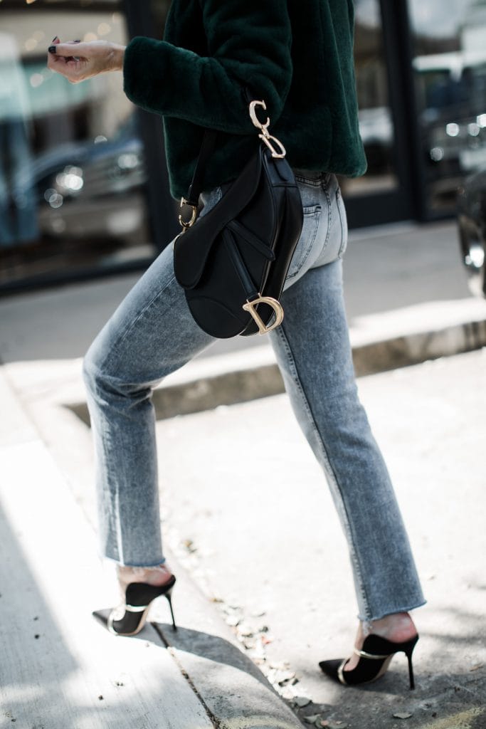 Dior saddle bag, Malone Soulier heels, and Mother gray jeans