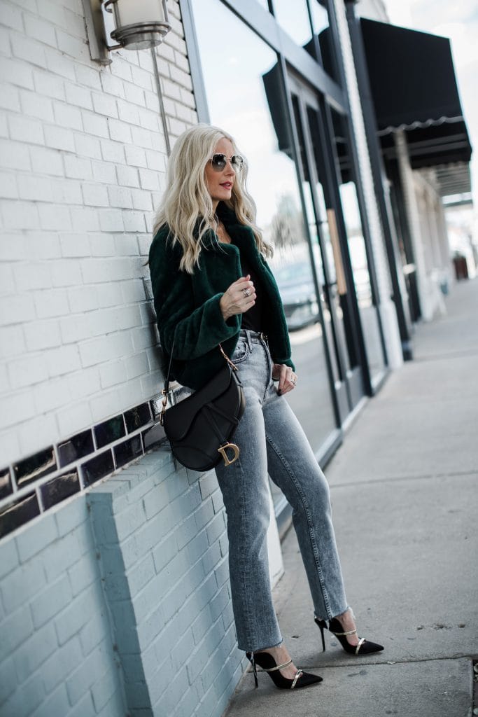 Dallas blogger wearing Mother jeans and Blanknyc faux fur jacket 