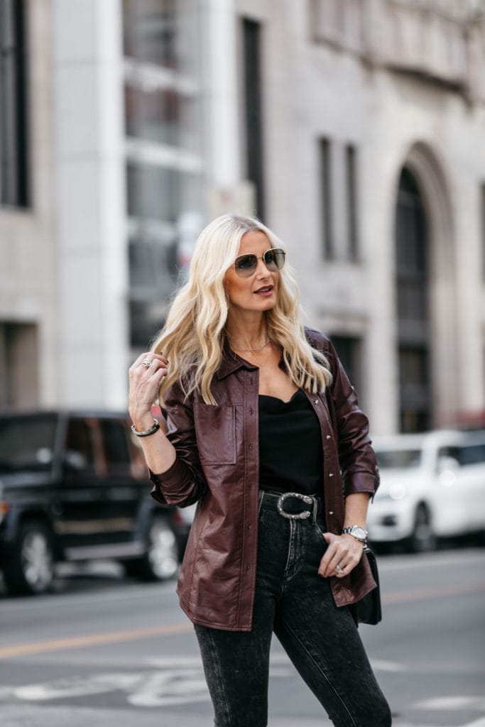 Dallas fashion blogger wearing a faux leather shirt jacket by Who What Wear