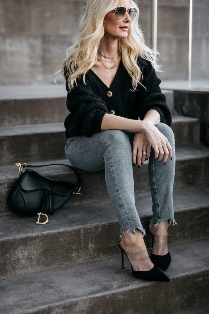 Dallas style blogger wearing denim and heels