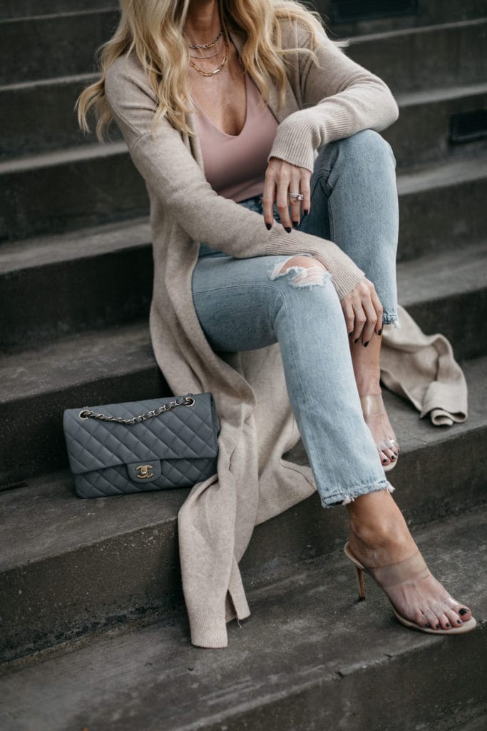 Dallas blogger wearing a sexy tank with a cardigan