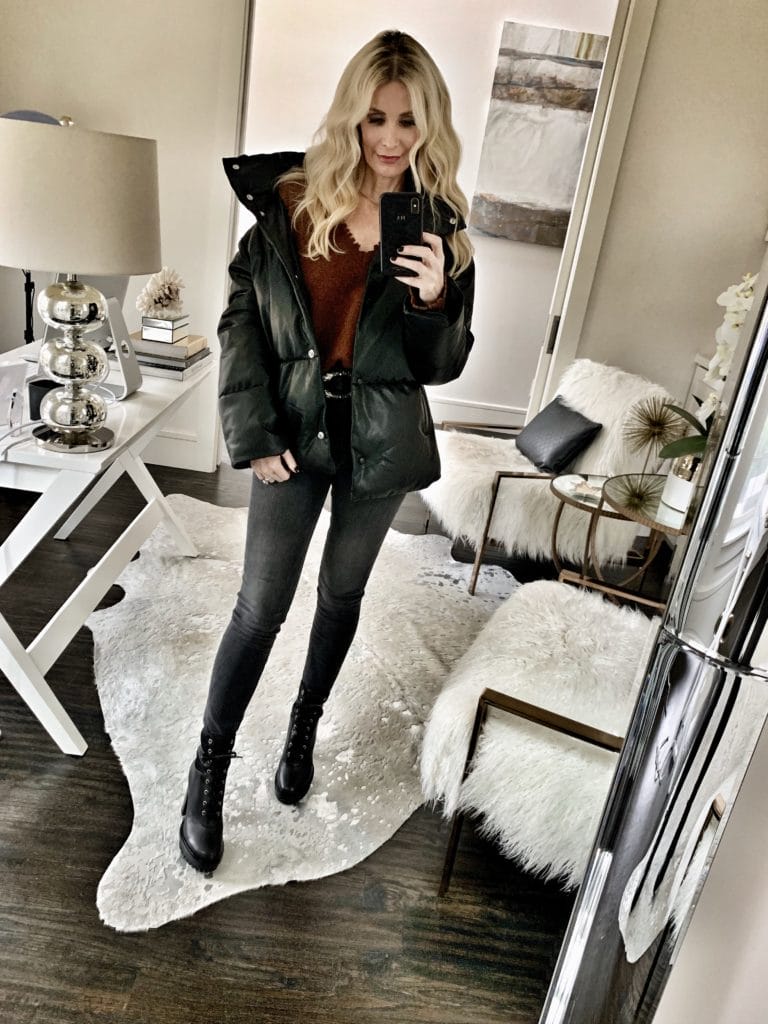 Dallas style blogger wearing a puffer jacket with jeans