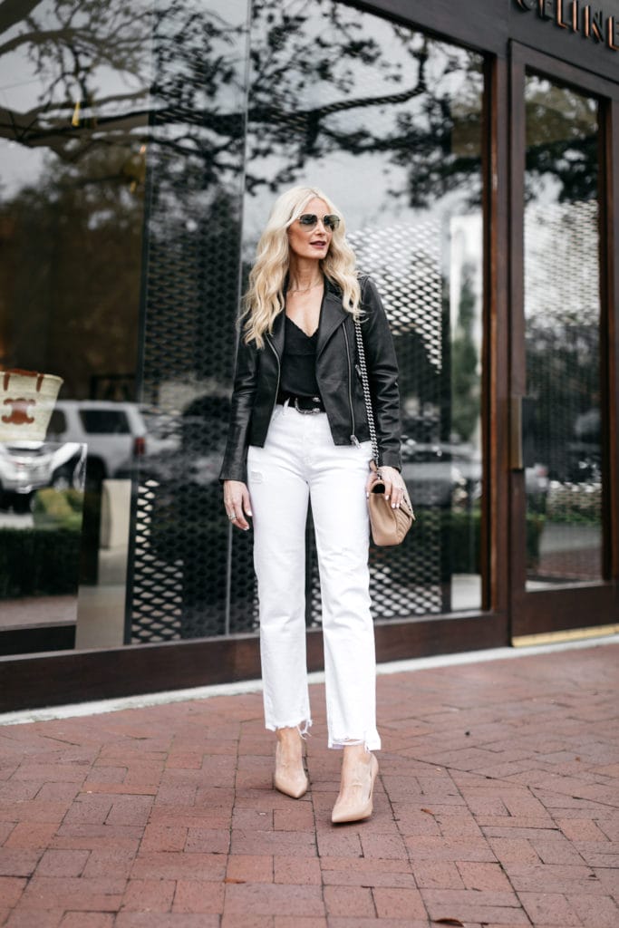 White jeans clearance and leather jacket