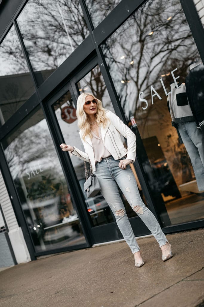 Dallas blogger wearing Mother jeans and an Iro leather jacket 